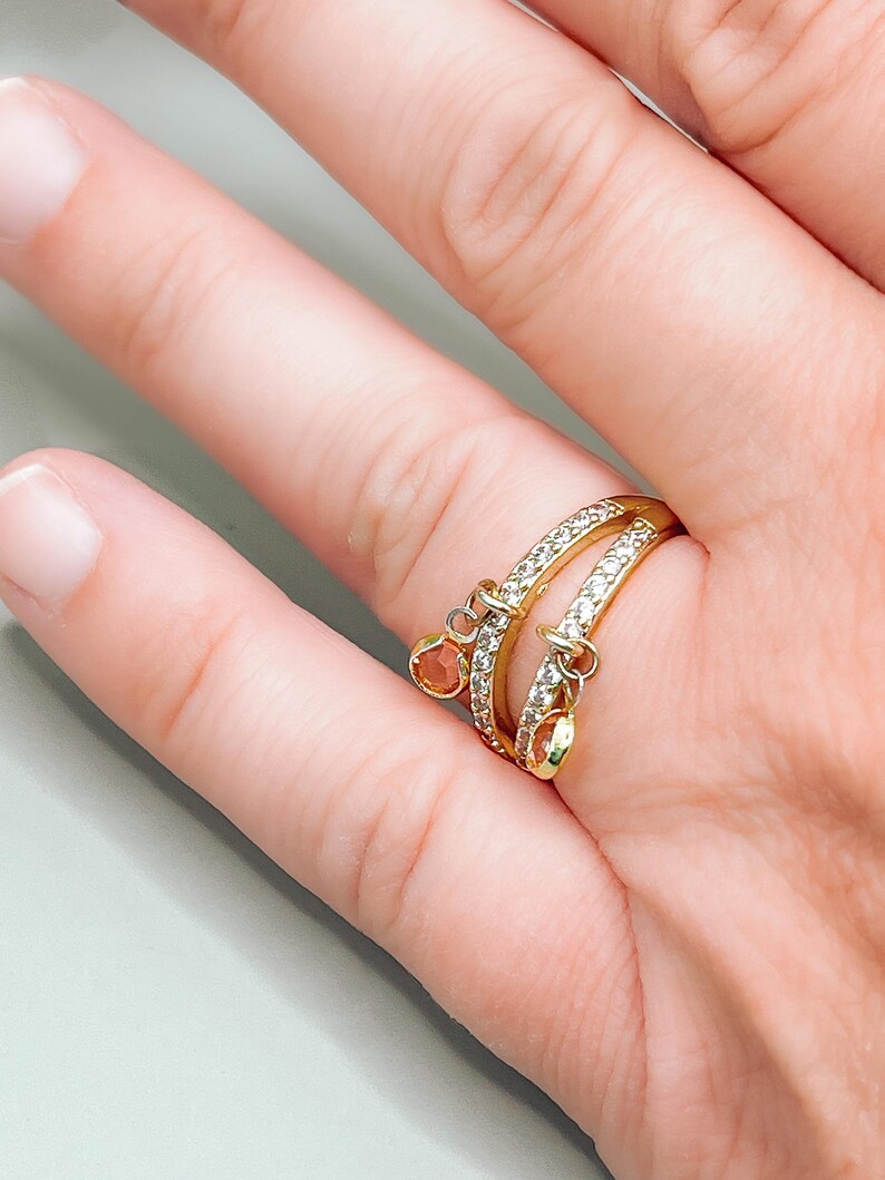Double band charm ring glass charms zirconia ring 18 K gold plated Elegant charm ring Gift for someone special Dangling charm ring Several colors.