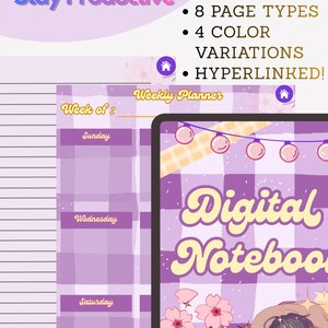 May include: A digital planner and notebook interface featuring a purple plaid background, cherry blossom illustrations, and a character graphic. Text includes "Take Cute Notes Stay Productive", "8 PAGE TYPES", "4 COLOR VARIATIONS", "HYPERLINKED!", "Weekly Planner", "Week of:", "Sunday", "Wednesday", "Saturday", and "Digital Notebook".