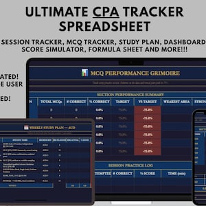 May include: A digital CPA tracker spreadsheet displayed on a laptop, tablet, and smartphone. The interface features dark blue backgrounds with gold text, including sections for MCQ performance, study plans, and score simulators for exam preparation.