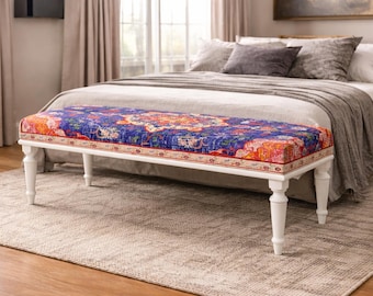 Turkish Kilim Ottoman Bench – Handmade Boho Entryway Bench – Vintage Upholstered Footstool – Unique Home Decor Furniture