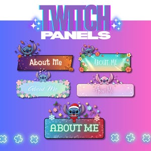 May include: A set of Twitch panels with a gradient background in shades of purple and pink. Each panel features the text "About Me" and a cartoon character. The panels are decorated with various themes, including Halloween, floral, and winter.