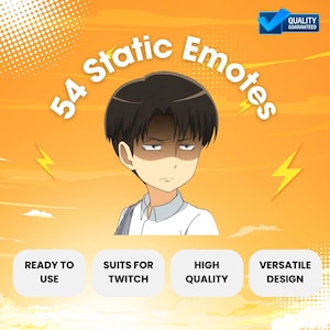 Puede incluir: Gráfico naranja con el texto "54 Static Emotes" y una ilustración de personaje de anime. Debajo están las palabras "Ready to Use", "Suits for Twitch", "High Quality" y "Versatile Design". Una marca de verificación azul con "Quality Guaranteed" está en la esquina superior derecha.