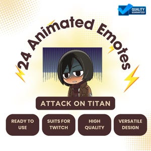 Puede incluir: 24 emoticonos animados con un personaje del anime Ataque a los Titanes. Los emoticonos están listos para usar y son adecuados para Twitch. Son de alta calidad y tienen un diseño versátil.