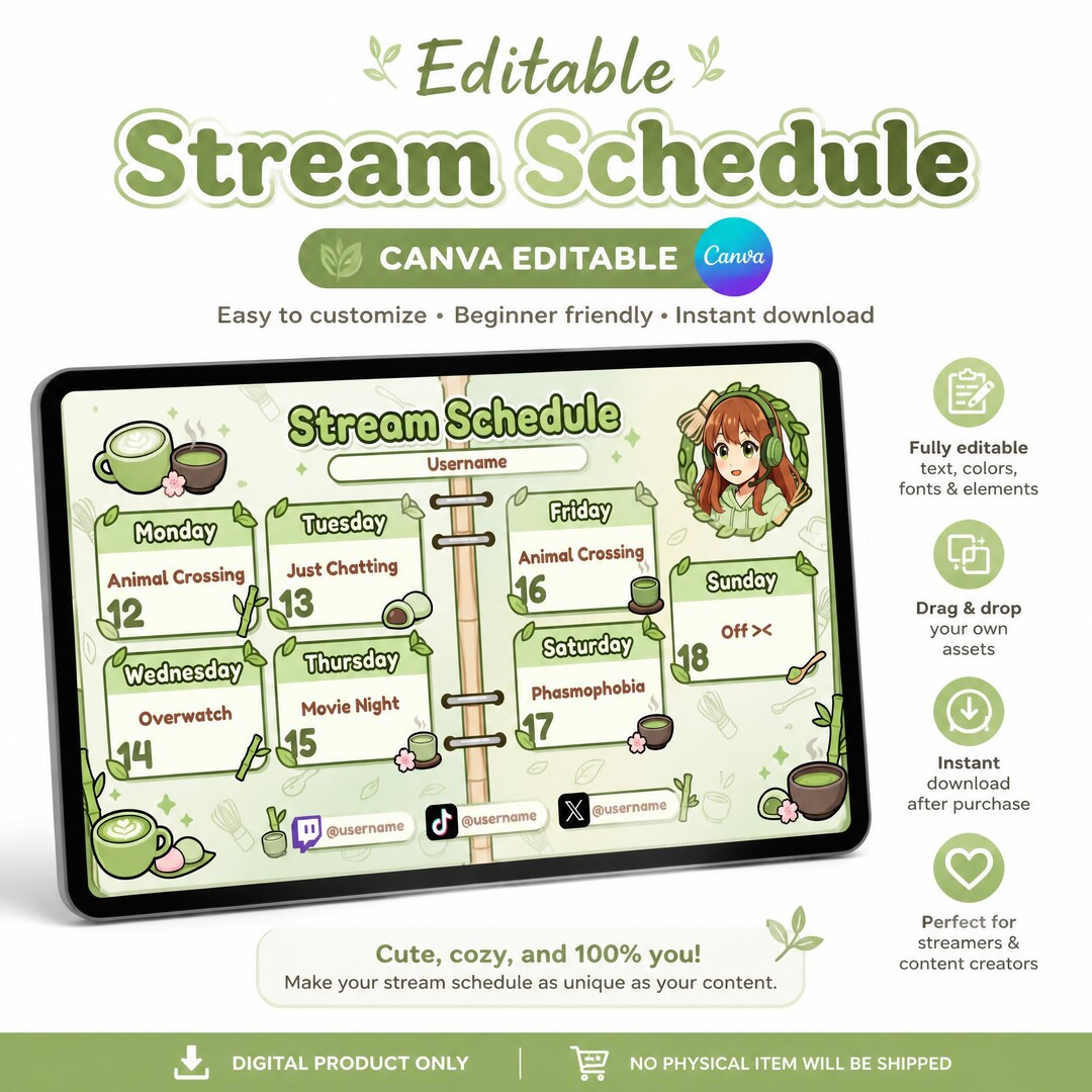 Matcha Overlay Rivals Matcha Stream Schedule Canva Template | Green Tea Streamer Overlay ...