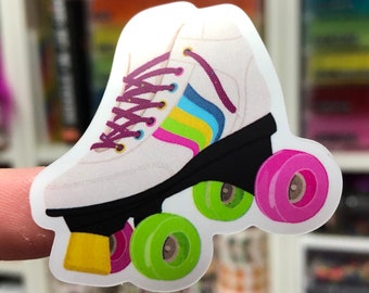 May include: White roller skate with pink, blue, green, and yellow stripes on the side. The wheels are black with pink, green, and yellow accents.