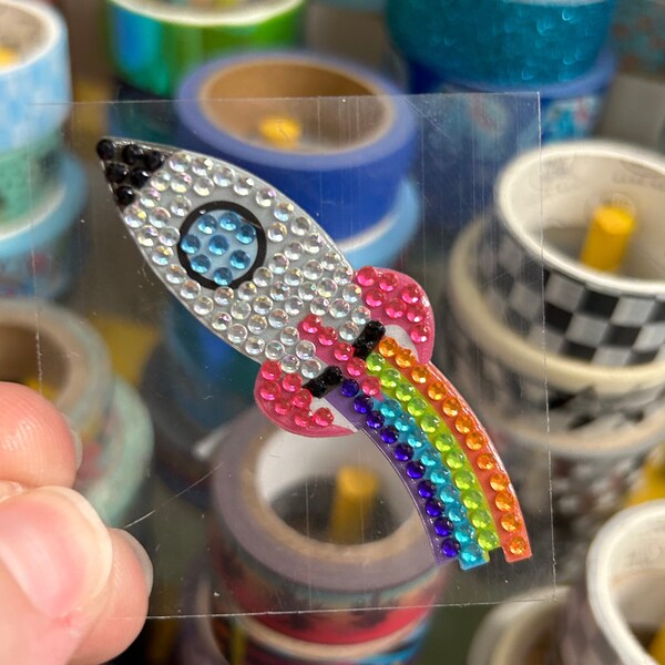 Rainbow Rocketship Space Sparkle Jewel Textured Rhinestone Gem Sticker