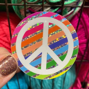 Holographic Glitter Prismatic Rainbow Stripe Peace Sign Sticker White