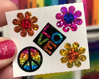 Hambly Sparkle Prismatic Peace Love Hippie Flower Stickers