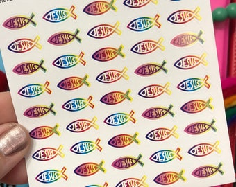 Small Mini Rainbow Jesus Fish Ichthus Stickers Sheet
