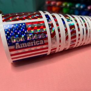 Roll of 85 Vintage Rainbow Sparkle Prismatic God Bless America USA American Flag Stickers