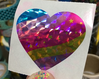 Vintage Sparkle Prismatic Rainbow Heart Sticker Great 7 Seven