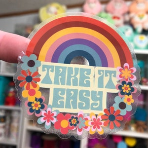 Take it Easy Groovy Retro Rainbow Daisy Sticker Vinyl 70s 60s Hippie