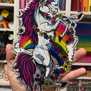 HUGE Ultra Rare Vintage BJ Prismatic Rainbow Unicorn Sticker 1980s