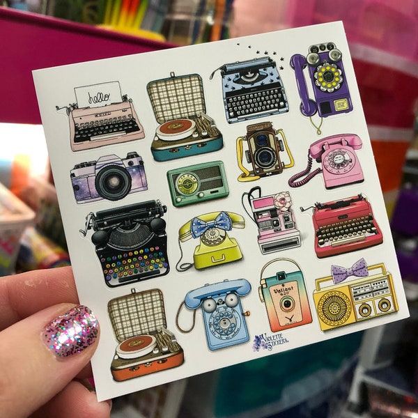 Retro Telephone Typewriter Camera Stickers Sheet