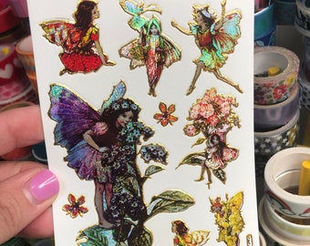 Gold Sparkle Glitter Prismatic Flower Fairy Faerie Stickers