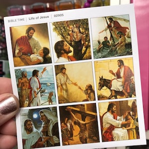 May include: A set of nine colorful stickers depicting scenes from the life of Jesus. The stickers feature illustrations of Jesus performing miracles, teaching, and interacting with others. The stickers are printed on white paper and have a glossy finish.