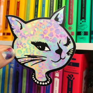 Rainbow Leopard Winking Cat Sticker Retro Vending Pastel Kawaii