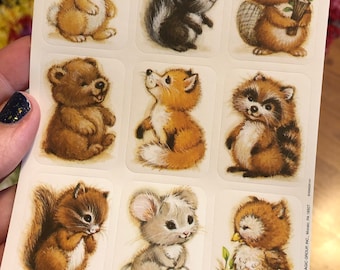 Full Sheet of Vintage Baby Animals Furry Friend Stickers Skunk Beaver Raccoon Bear Fox Squirrel Owl Bunny