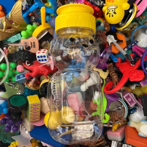 Trinket Mix in a Honey Bear Bottle - Miniatures Souvenirs Mini Toys Tiny Things Trinket Shelf Treasure Surprise Crow Confetti
