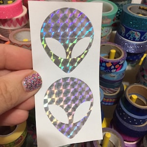 Pair of Silver Sparkle Prismatic Rainbow Alien UFO Stickers