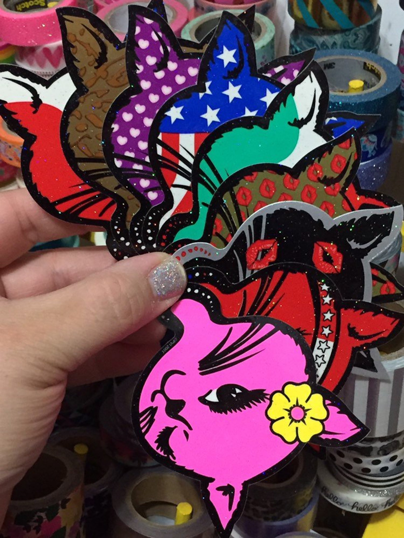 Set of 9 GLITTER Winking Cat Stickers Retro Vending 80's Etsy Canada