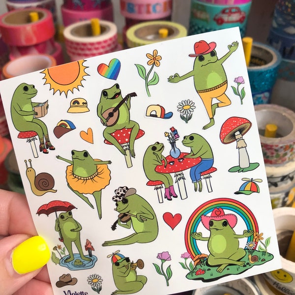 Retro Rainbow Frog Toad Mushroom Stickers Sheet