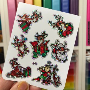 Rare Vintage Prism Rainbow BJ Reindeer Santa Claus Christmas Stickers