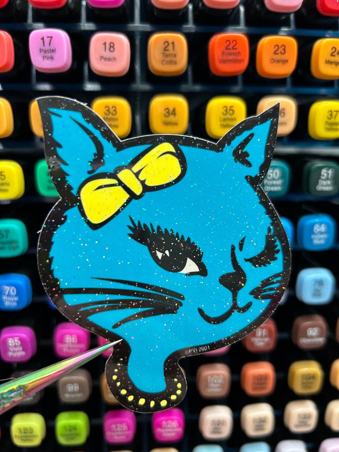 Vintage Teal Glitter Winking Cat Vending Machine Sticker Etsy