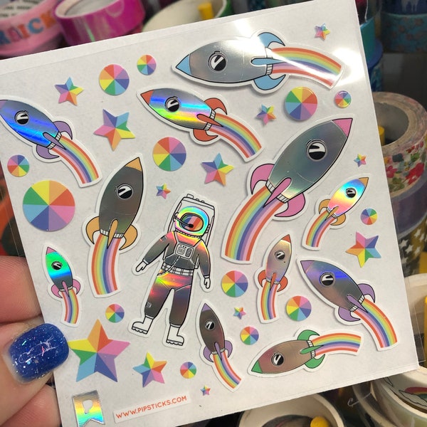 Rainbow Holographic Holo Spaceship Astronaut Stickers