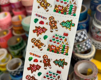 Strip of 4 Hambly Sparkle Prismatic Rainbow Christmas Gingerbread House Man Stickers