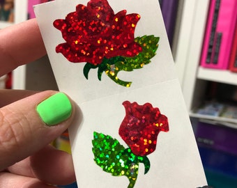 Vintage Hambly Sparkle Prismatic Red Rose Flower Stickers