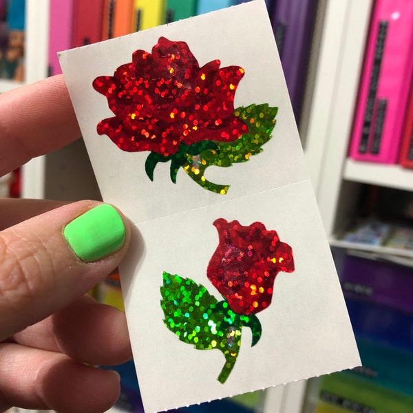 Vintage Hambly Sparkle Prismatic Red Rose Flower Stickers