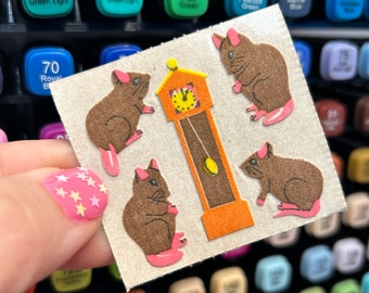 Vintage Flocked Fuzzy Clock Mouse Stickers