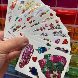 Set of 12 Sheets Vintage Rainbow Sparkle Prismatic Valentines Love Stickers 80s Collection