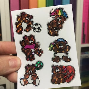 Vintage Bear Stickers - Sparkle Prism Rainbow
