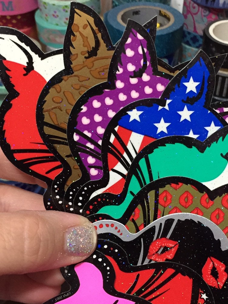 Set of 9 GLITTER Winking Cat Stickers Retro Vending Etsy