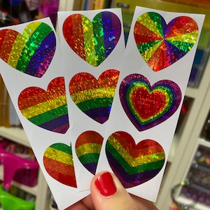 Set of 9 Prismatic Glitter Sparkly Retro Rainbow Heart Stickers Prism