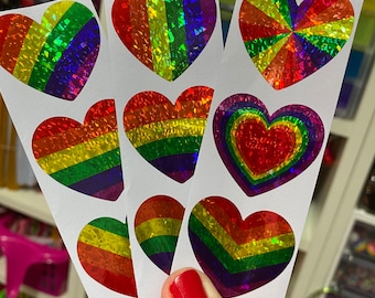 Set of 9 Prismatic Glitter Sparkly Retro Rainbow Heart Stickers Prism