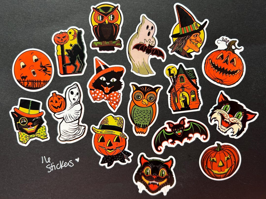 Retro Halloween Stickers Set of 16 - Witch Bat Owl Ghost Haunted House ...