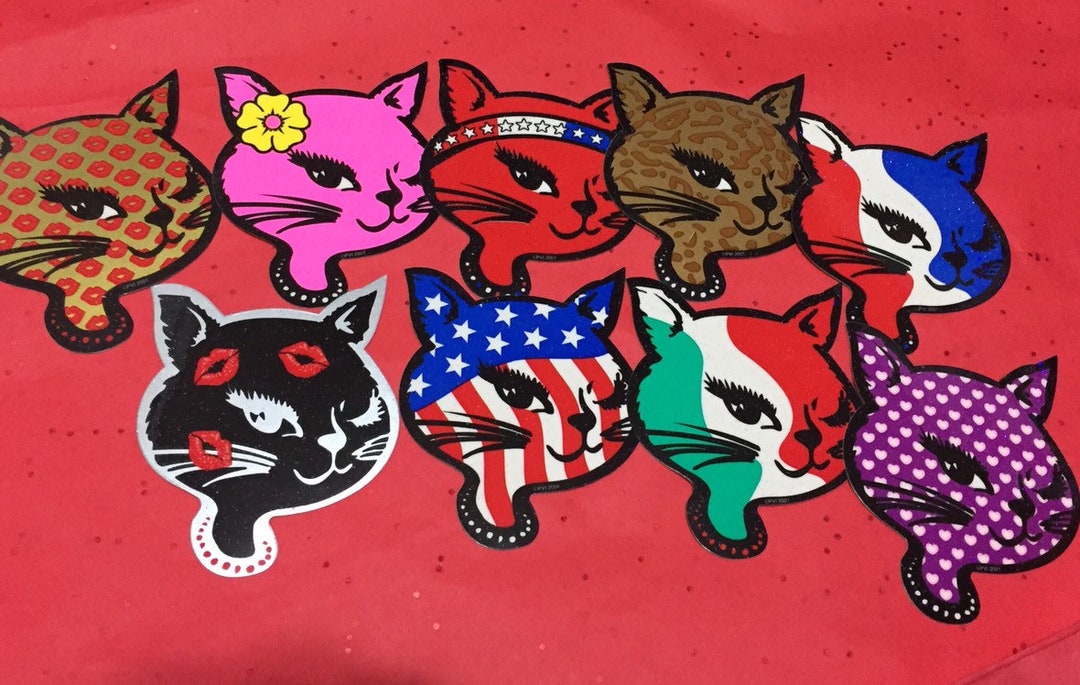 Set of 9 GLITTER Winking Cat Stickers Retro Vending 80's 90's 00's OBO