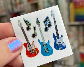 Vintage Sparkle Prismatic Electric Guitar Music Notes Stickers