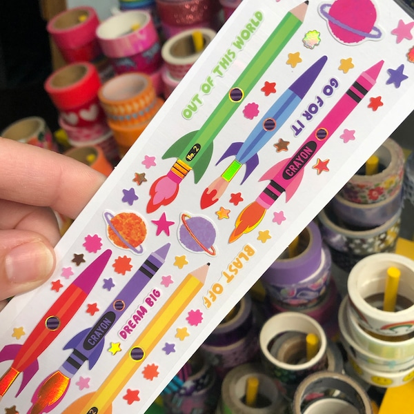 Rainbow Rocket Ship Crayon Pencil Stickers