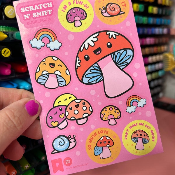 Scratch n Sniff Retro Kawaii Mushroom Stickers Sheet Bubblegum