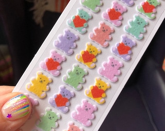Fuzzy Retro 80s Mini Teddy Bear Heart Stickers Flocked