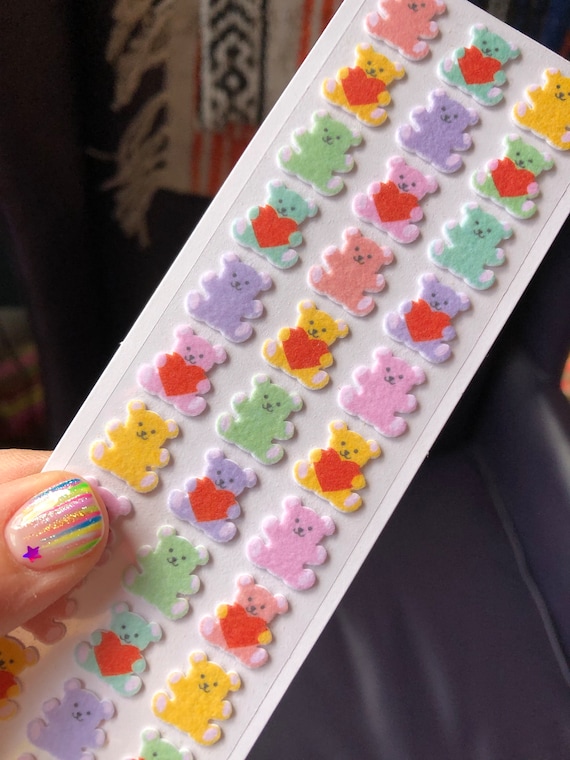 Fuzzy Retro 80s Mini Teddy Bear Heart Stickers Flocked