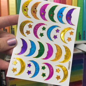 Gold Sparkle Prismatic Crescent Moon Star Stickers