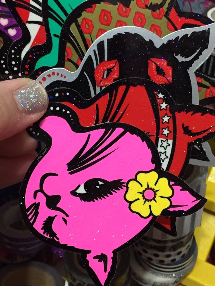 Set of 9 GLITTER Winking Cat Stickers Retro Vending Etsy