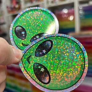 Set of 2 Rainbow Glitter Sparkle Alien Stickers Starry Eyes