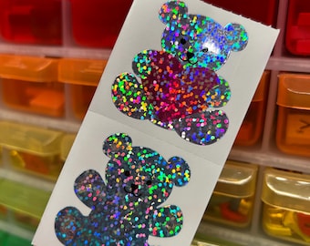 Sparkle Prismatic Glitter Rainbow Teddy Bear Heart Stickers