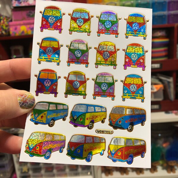 Gold Sparkle Prismatic Rainbow Hippie Bus Van Stickers